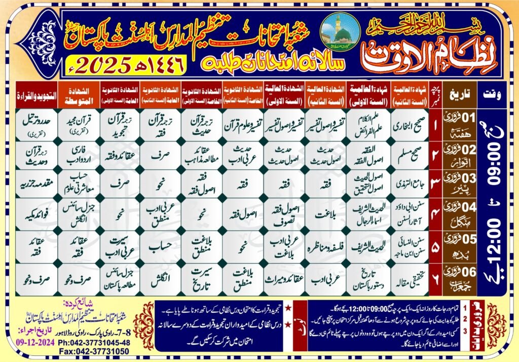 Tanzeem ul Madaris boys date sheet exam 2025