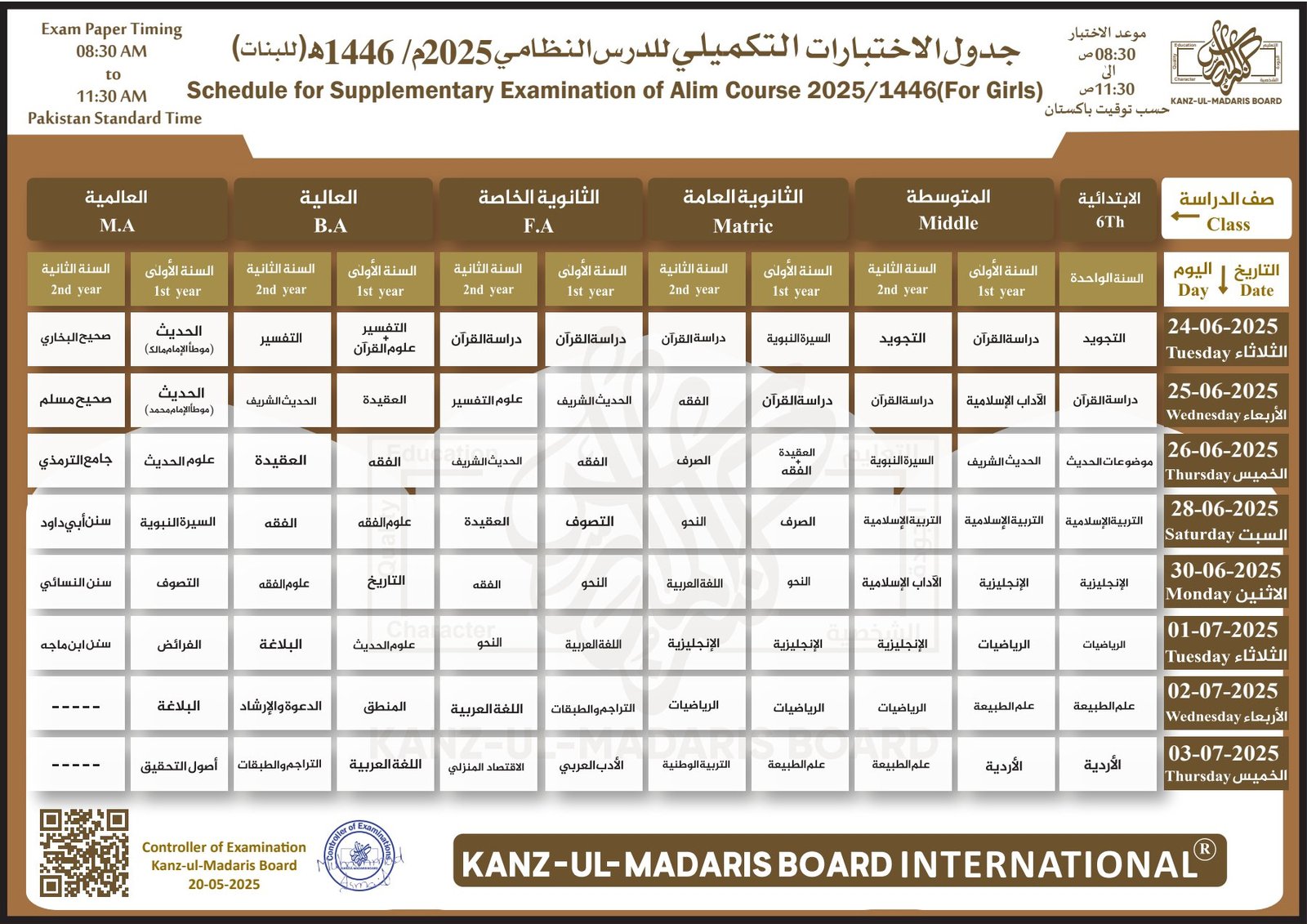 کنزالمدارس درس نظامی طالبات ضمنی امتحانات ڈیٹ شیٹ 2025