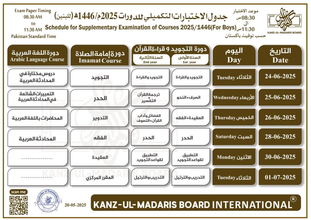 کنزالمدارس دیگر کورسسز طلبہ ضمنی امتحانات ڈیٹ شیٹ 2025