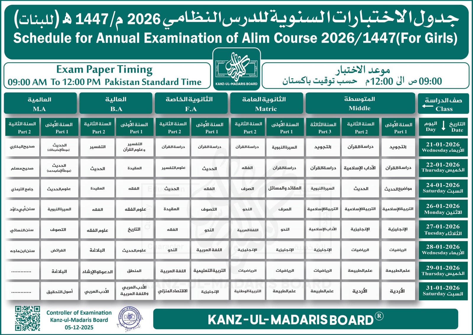 Kanz-ul-Madaris Board Schedule For Annual Examination Of Alim Course 2026/1447 (For Girls) , Kanzul Madaris Date Sheet 2026 for Girls, کنزالمدارس ڈیٹ شیٹ درس نظامی گرلز 2026