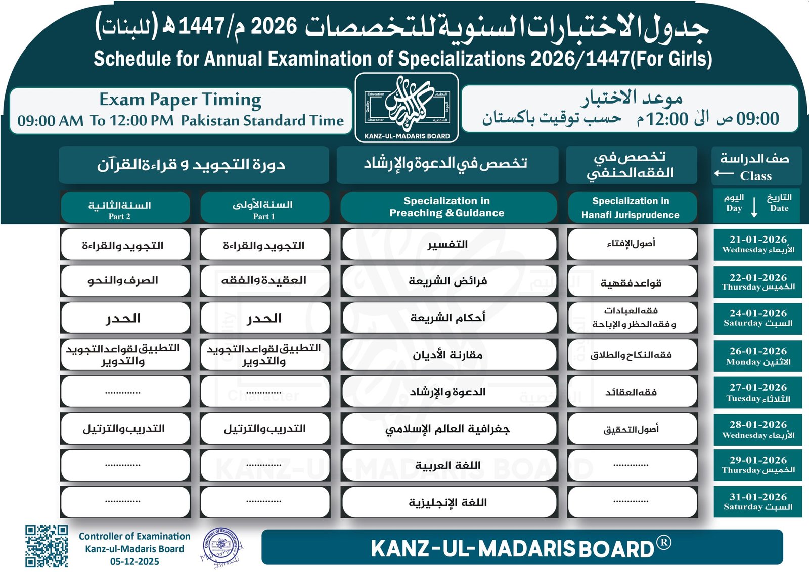 Kanz-Ul-Madaris Board Schedule For Annual Examination Of Specializations 2026/1447 (For Girls), Kanzul Madaris Date Sheet Baraye Takhasusaat Girls 2026، کنزالمدارس ڈیٹ شیٹ تخصصات گرلز 2026