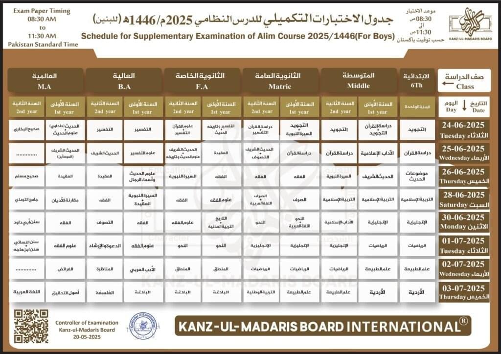 کنزالمدارس درس نظامی طلبہ ضمنی امتحانات ڈیٹ شیٹ 2025