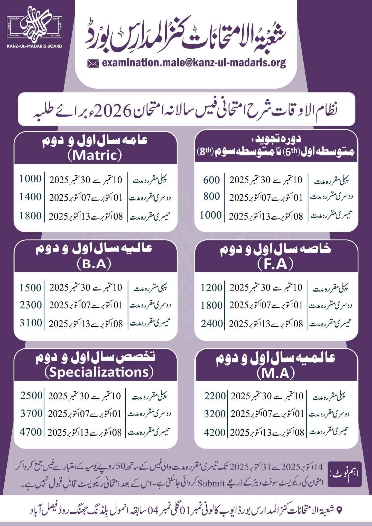 Kanzul Madaris Boys Admission fee 2025